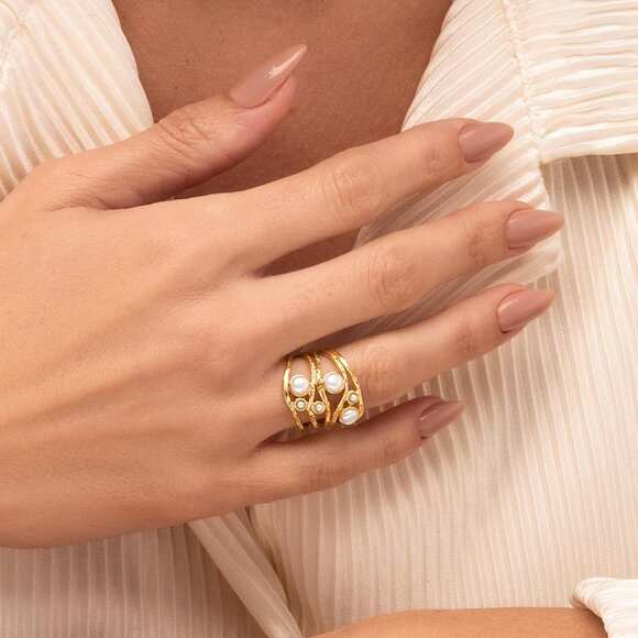 Women's 14K Gold Over Sterling Silver Statement Rings With 2mm & 4mm Freshwater - Picture 2 of 8